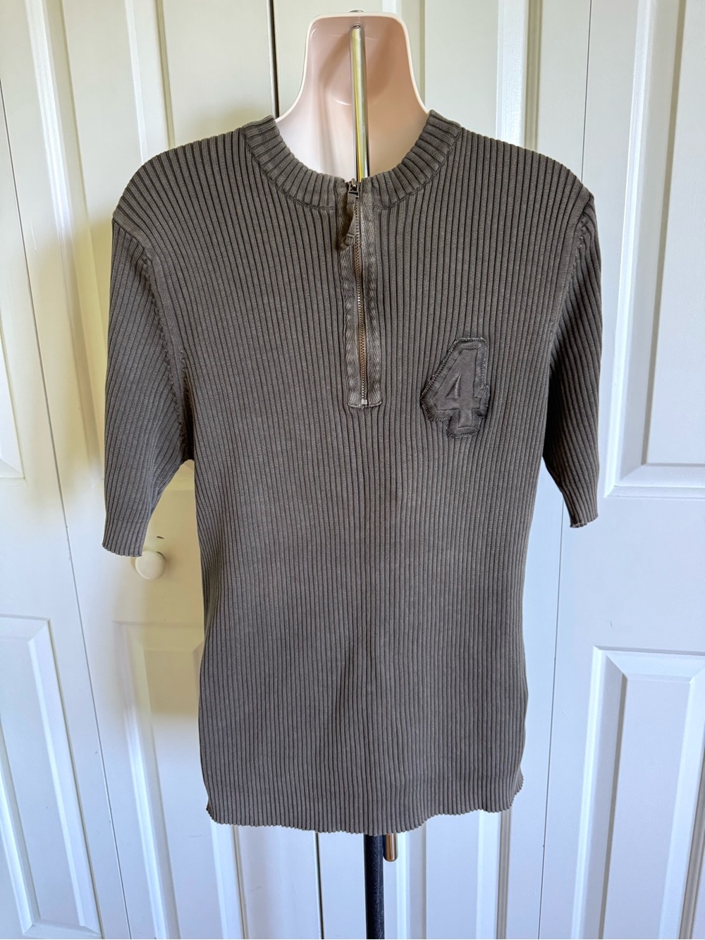Mexx Ribbed Cotton Short Sleeve Crewneck Sweater in Olive Gray L